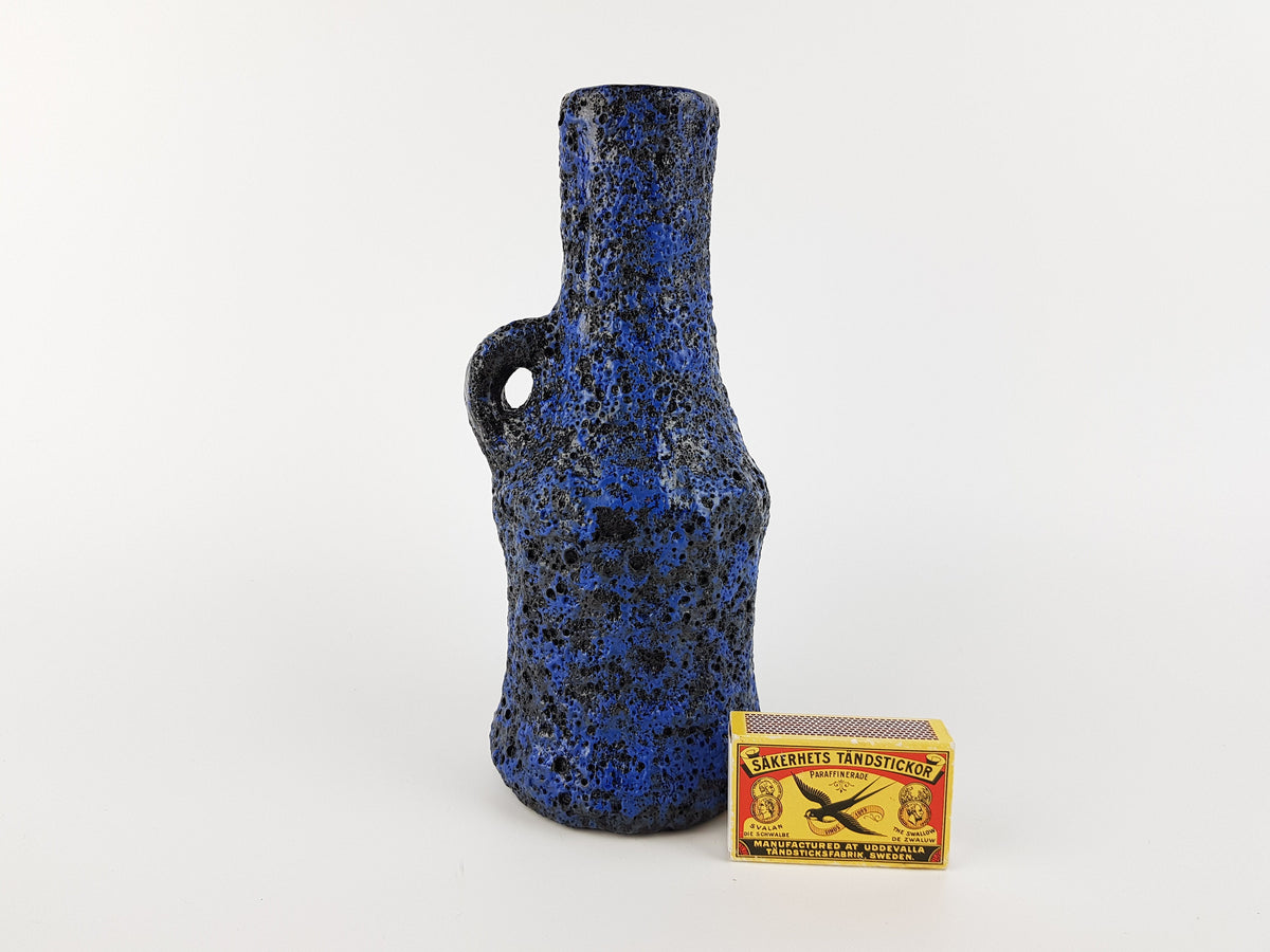Vintage KREUTZ KERAMIK Handled Black and Blue Fat Lava Vase West German Pottery 1970s