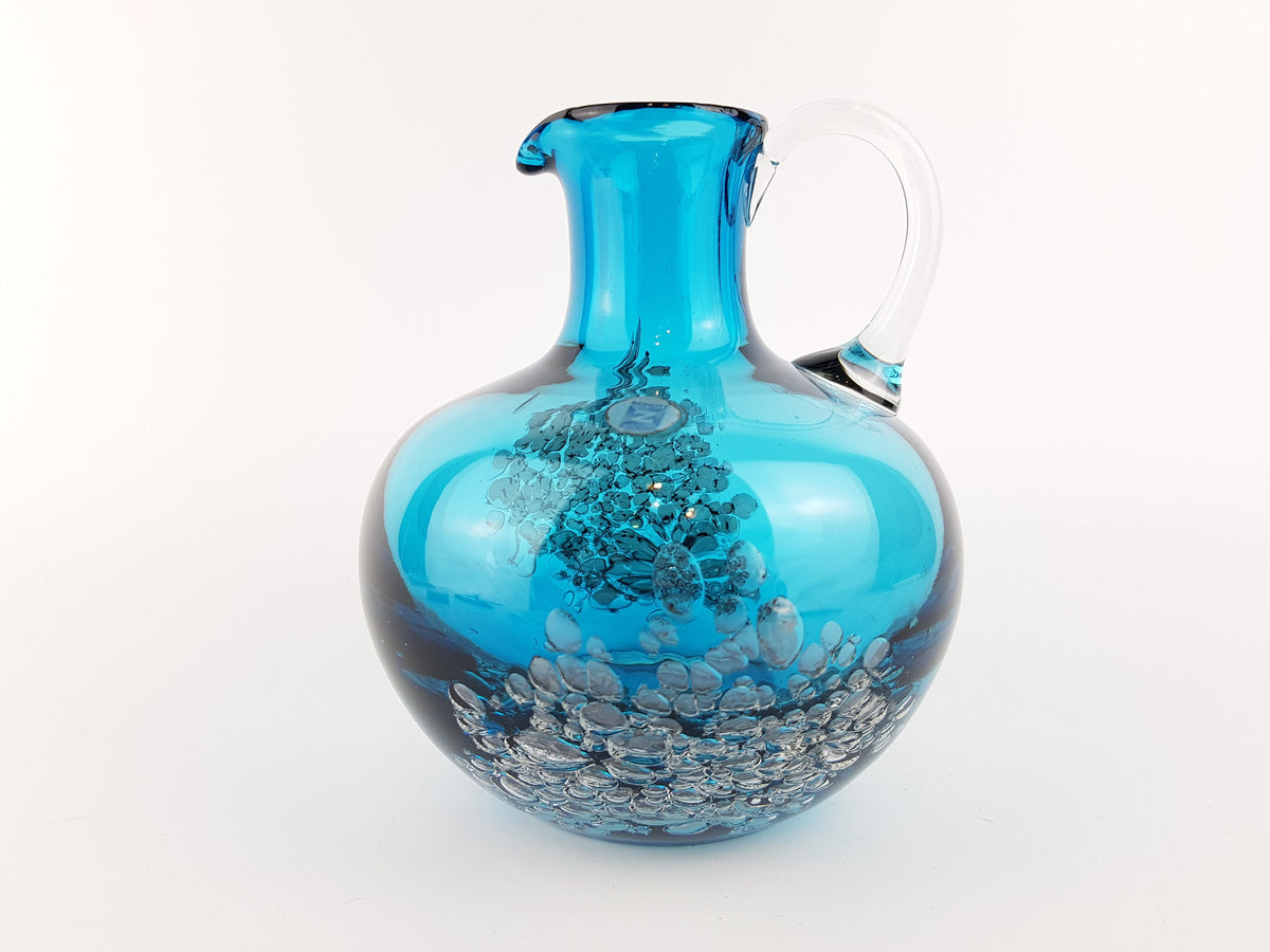 Vintage SCHOTT ZWIESEL Blue GLASS Design Handled Jug Vase With Florida decor by Heinrich Loffelhardt 1960-70s
