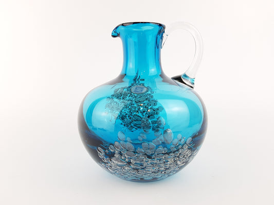 Vintage SCHOTT ZWIESEL Blue GLASS Design Handled Jug Vase With Florida decor by Heinrich Loffelhardt 1960-70s