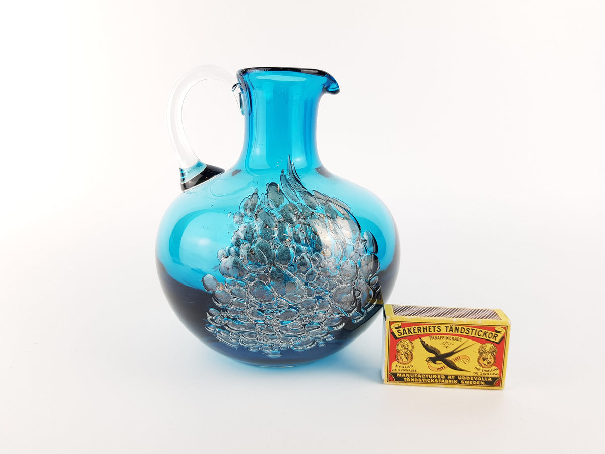 Vintage SCHOTT ZWIESEL Blue GLASS Design Handled Jug Vase With Florida decor by Heinrich Loffelhardt 1960-70s