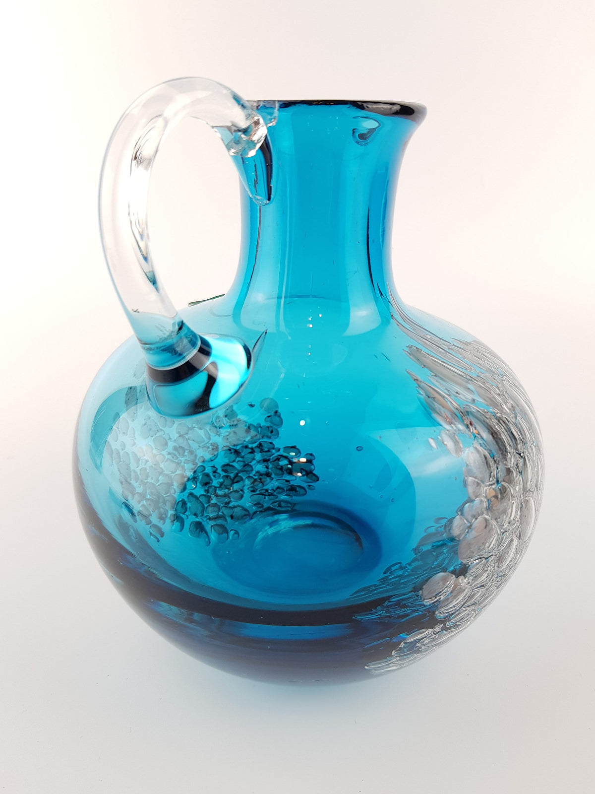 Vintage SCHOTT ZWIESEL Blue GLASS Design Handled Jug Vase With Florida decor by Heinrich Loffelhardt 1960-70s