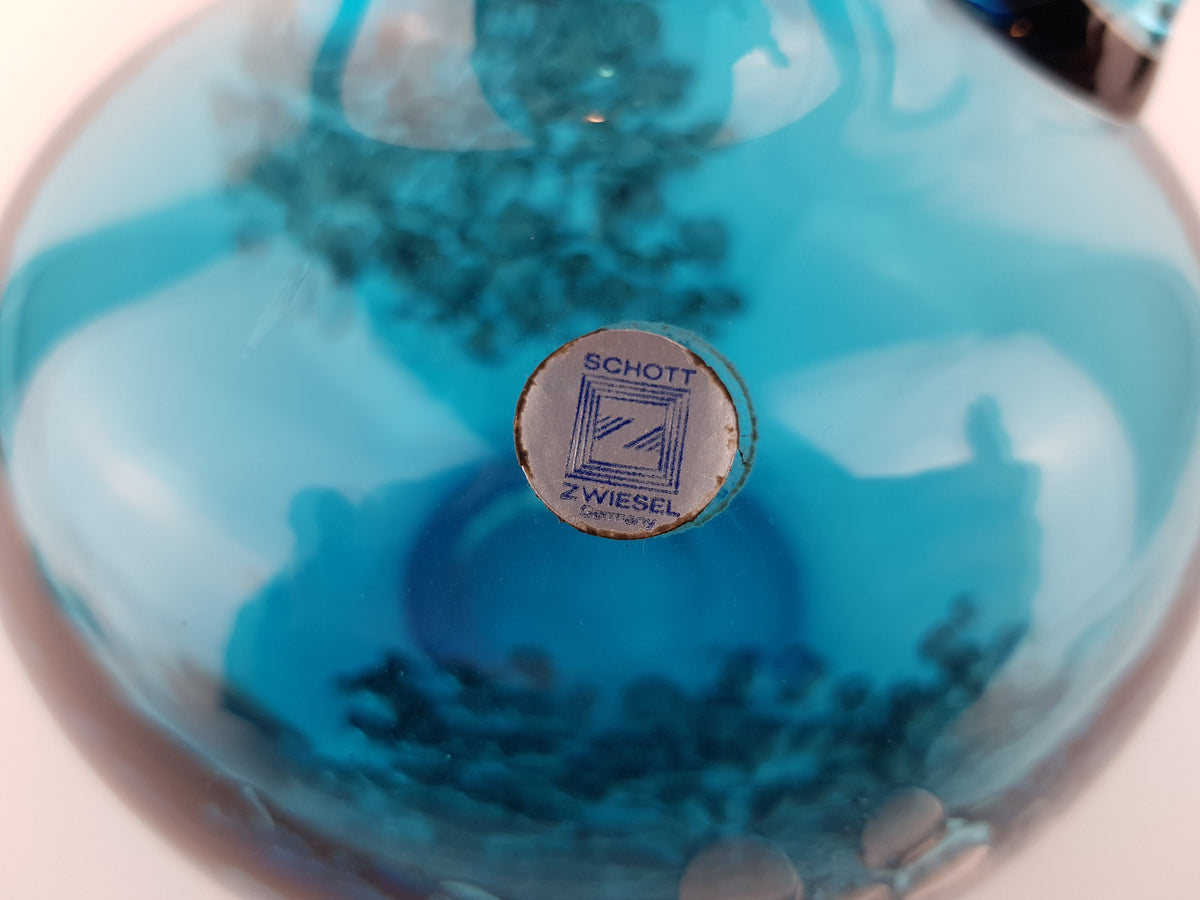 Vintage SCHOTT ZWIESEL Blue GLASS Design Handled Jug Vase With Florida decor by Heinrich Loffelhardt 1960-70s