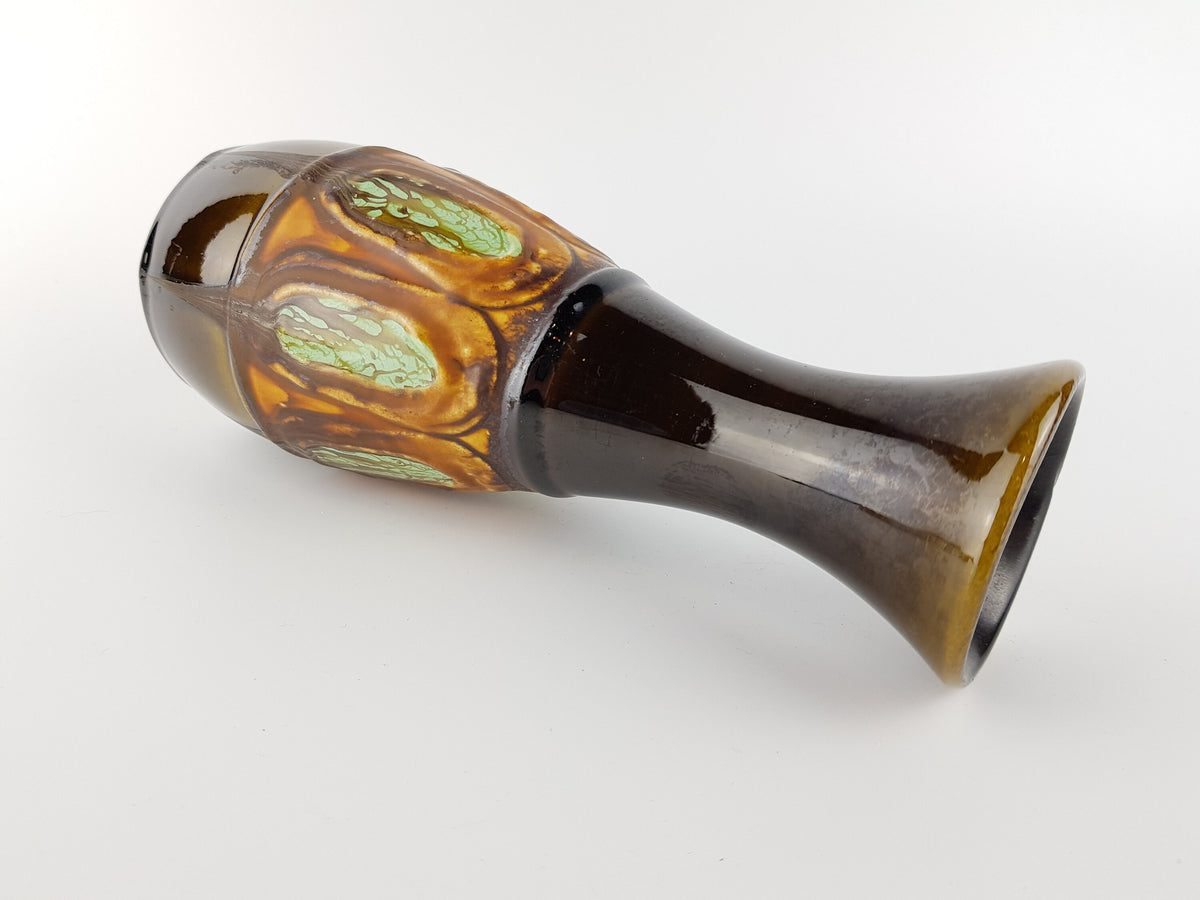 Vintage ECKHARDT and ENGLER KERAMIK Brown Vase with Green Decorations 2043-20 From West Germany 1950s