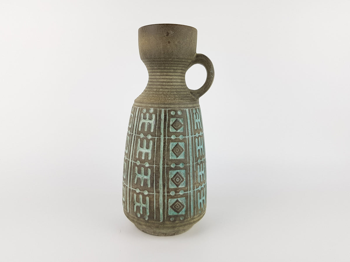 Vintage UBELACKER Fat Lava Era Handled Grey Vase With Light Blue Relief 1569 24 West German Pottery 1970s