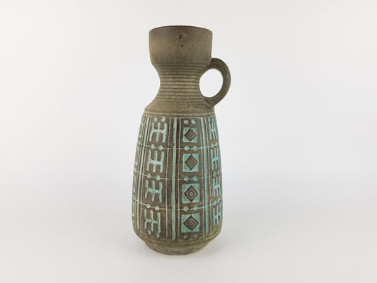 Vintage UBELACKER Fat Lava Era Handled Grey Vase With Light Blue Relief 1569 24 West German Pottery 1970s