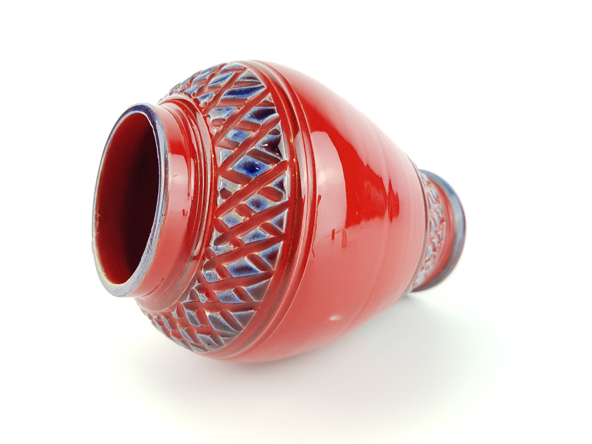 Vintage Red Italian Vase With Blue Relief Decor ALLA MODA Italian Pottery 1960s