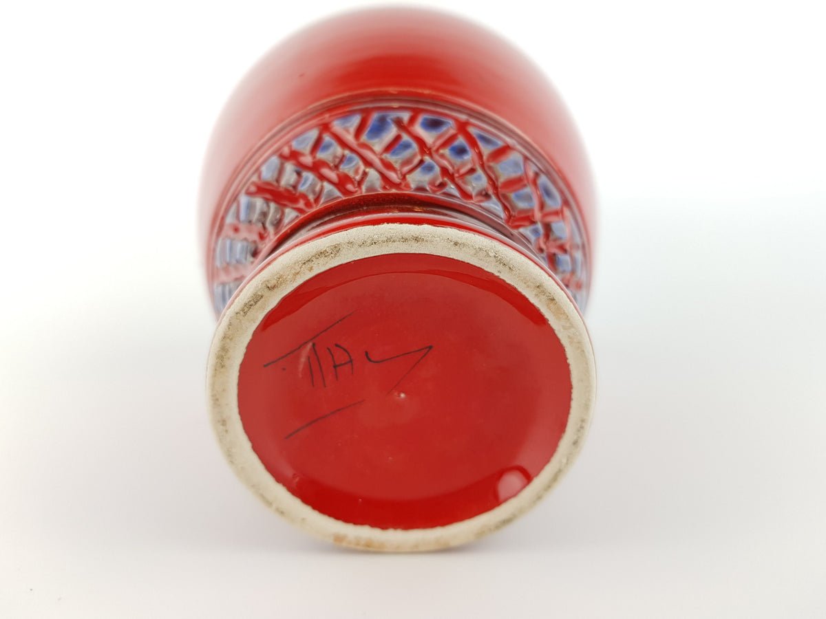 Vintage Red Italian Vase With Blue Relief Decor ALLA MODA Italian Pottery 1960s