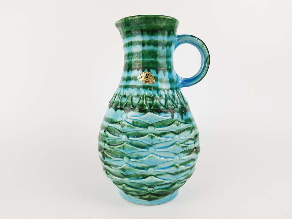 Vintage UBELACKER (U-KERAMIK) Green and Blue Pitcher Handled Vase 1651/20 West German Pottery 1970s