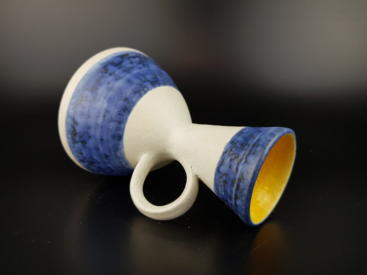 Small Vintage UBELACKER (Ü-KERAMIK) White and Blue Fat Lava Era Vase 483/14 West German Pottery 1960s
