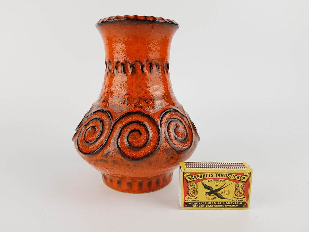 Vintage JASBA KERAMIK Orange Vase with Swirl Decor N322 11 16 from the Gotland Series West German Pottery 1970s