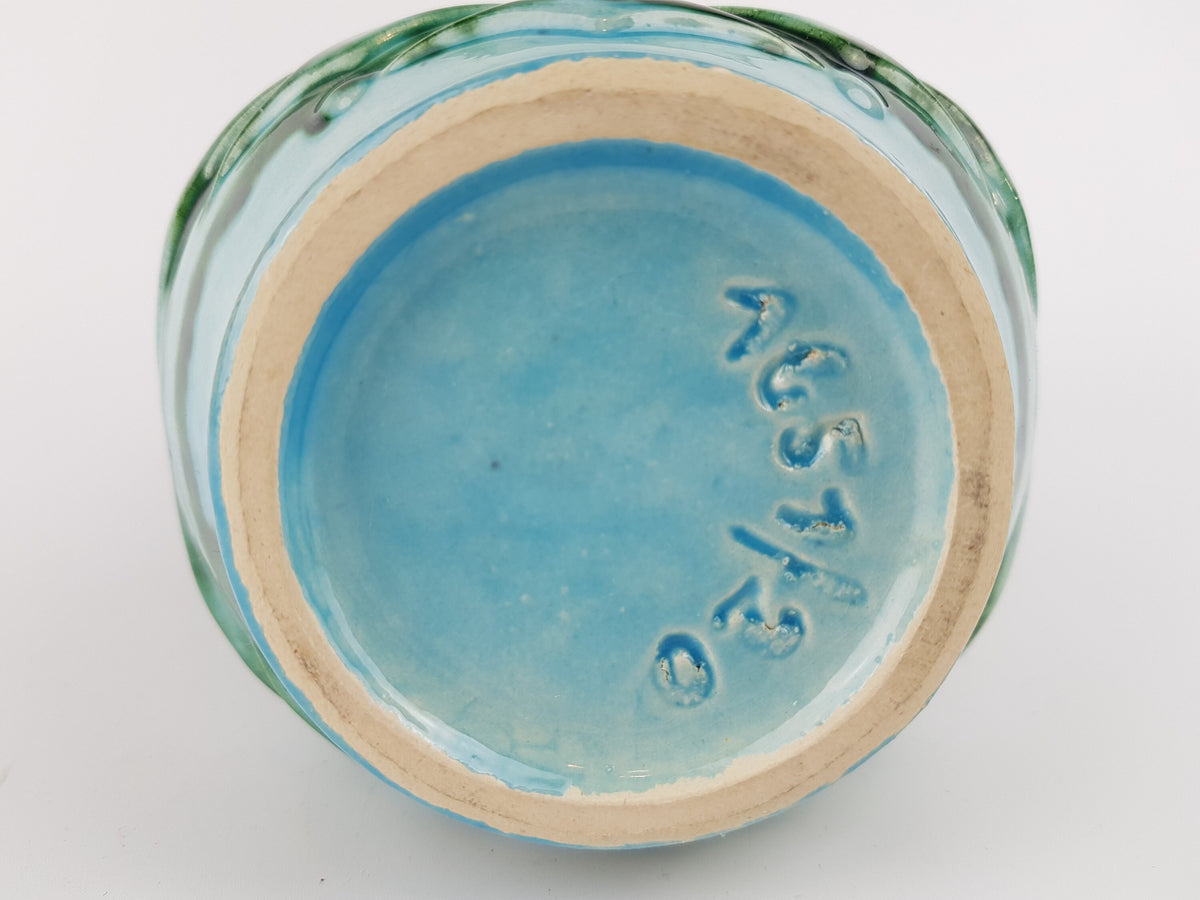 Vintage UBELACKER (U-KERAMIK) Green and Blue Pitcher Handled Vase 1651/20 West German Pottery 1970s