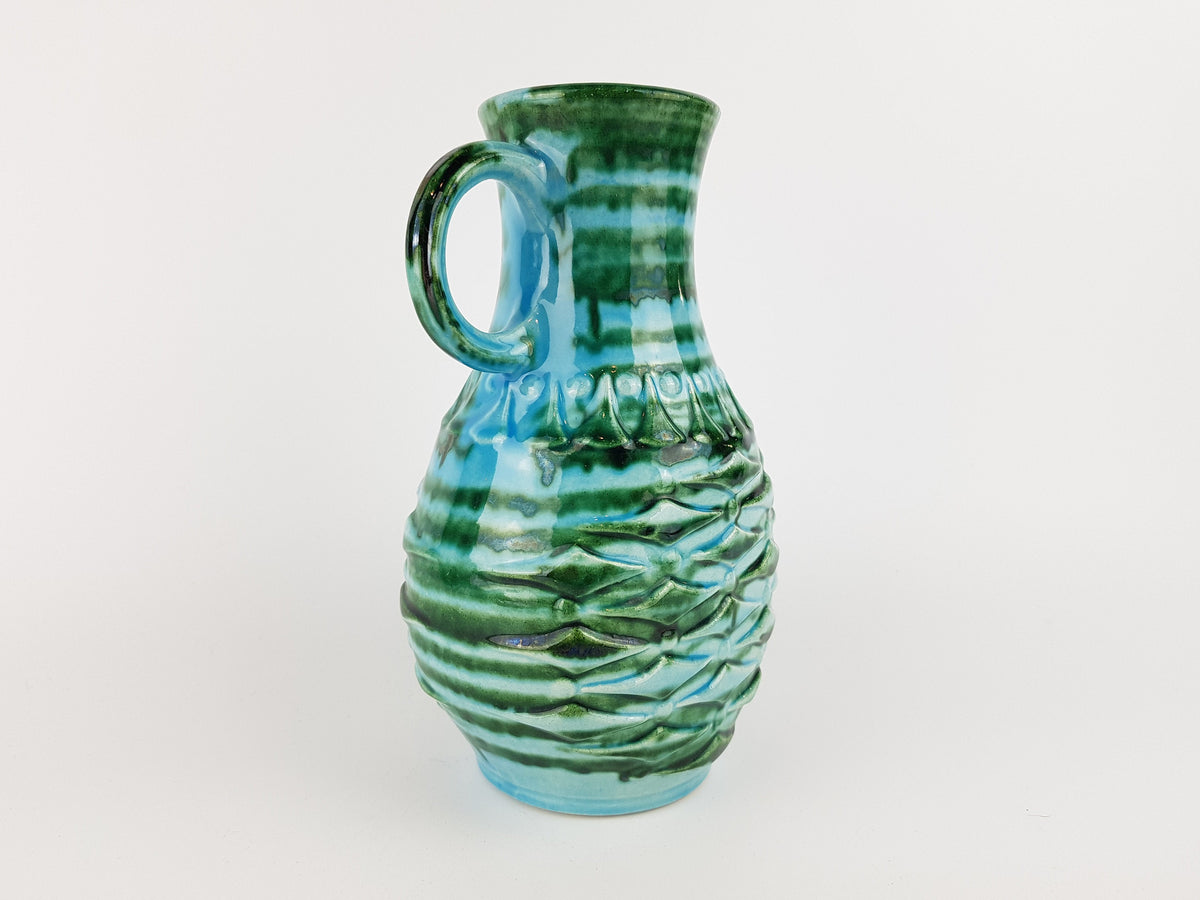 Vintage UBELACKER (U-KERAMIK) Green and Blue Pitcher Handled Vase 1651/20 West German Pottery 1970s