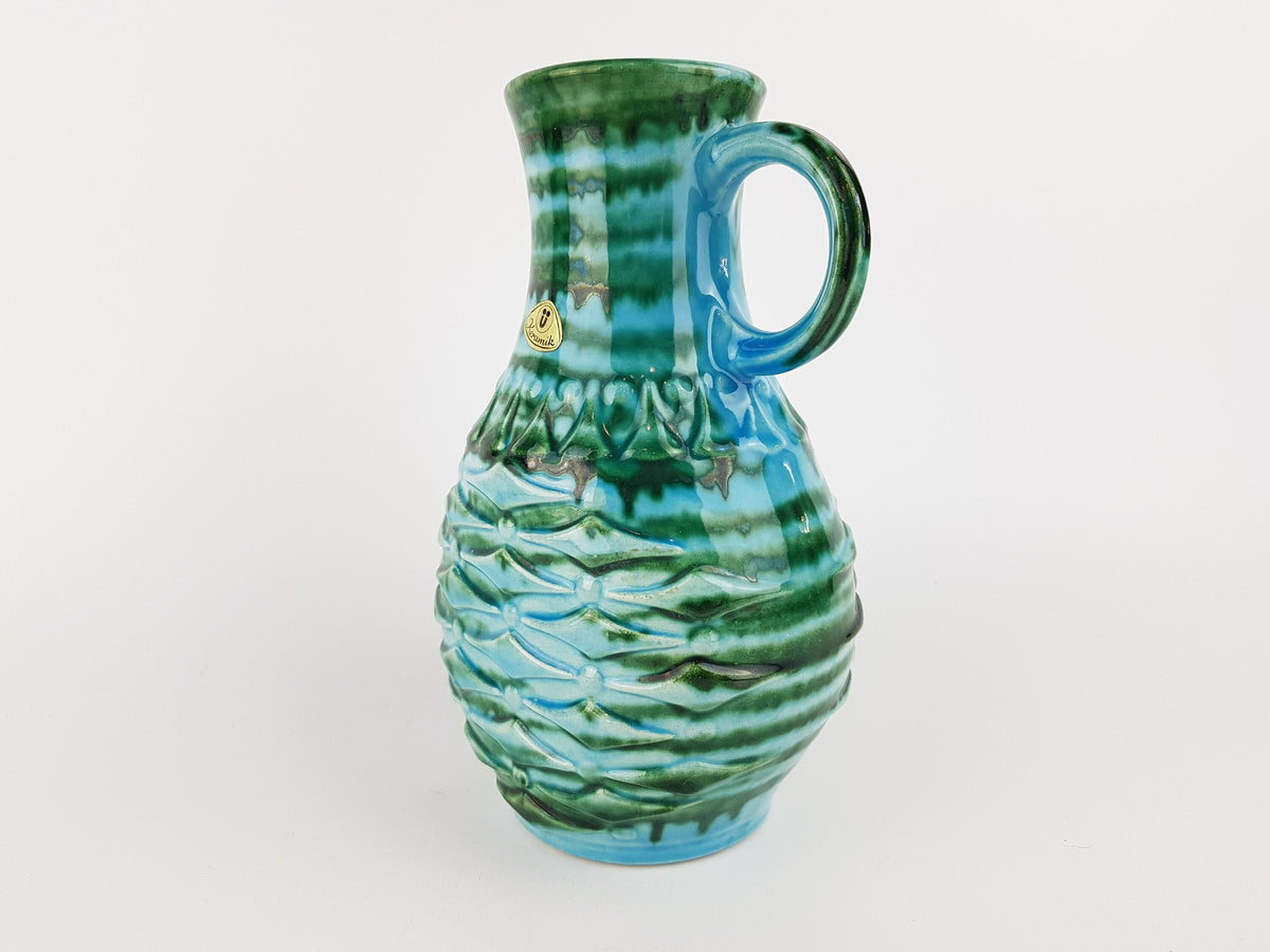 Vintage UBELACKER (U-KERAMIK) Green and Blue Pitcher Handled Vase 1651/20 West German Pottery 1970s