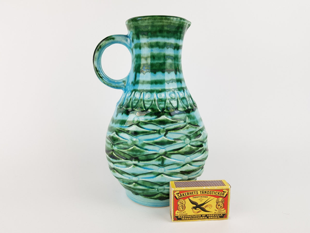 Vintage UBELACKER (U-KERAMIK) Green and Blue Pitcher Handled Vase 1651/20 West German Pottery 1970s