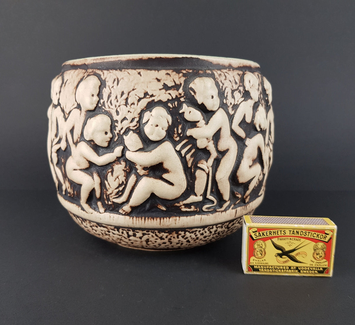 Vintage JASBA KERAMIK Beige and Brown Planter With Kids Decor 708-15 West German Pottery 1970s