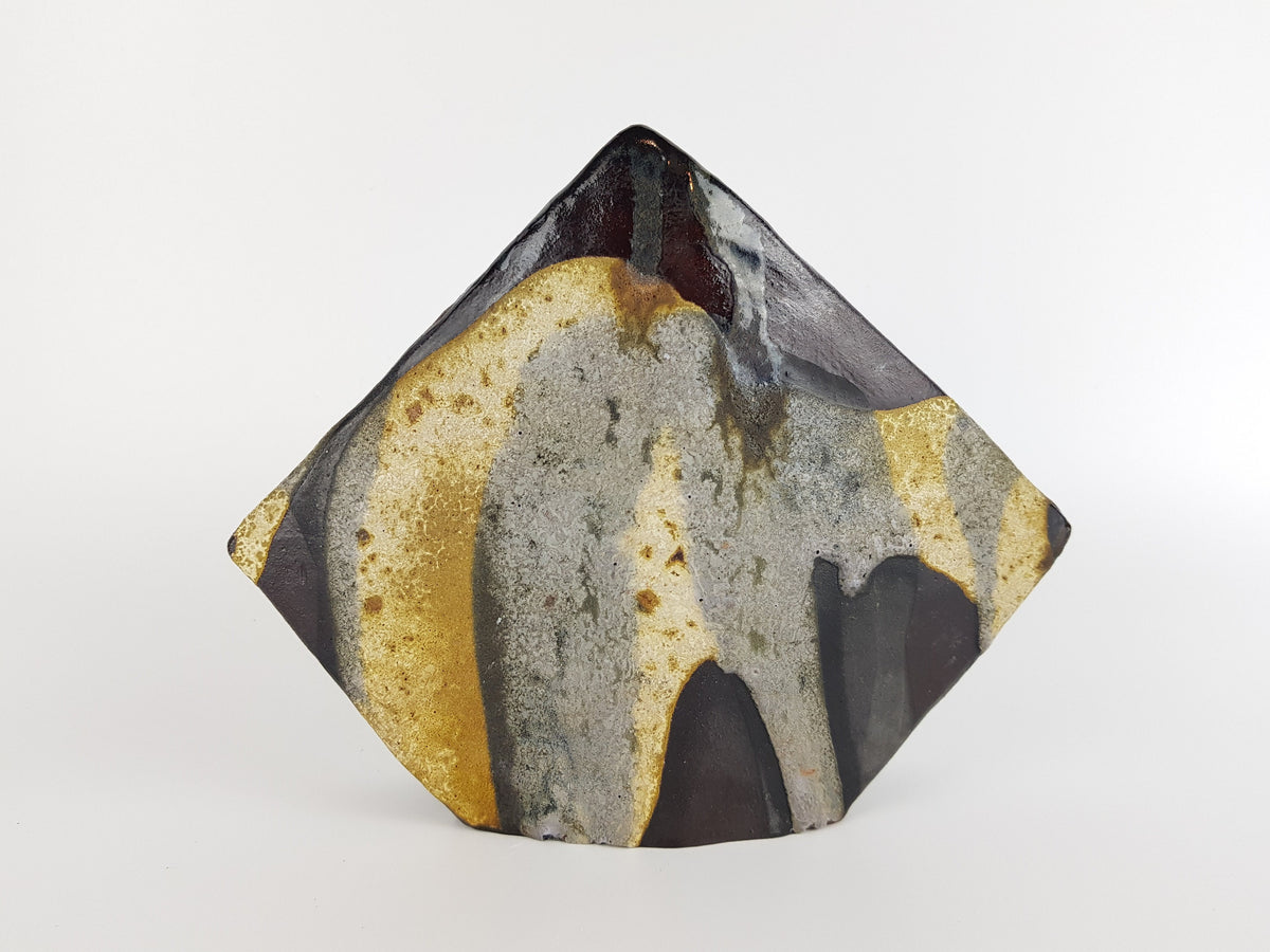 Vintage SCHAFFENACKER Studio Art Pottery Brown Beige Grey Triangular Vase V531 West German Pottery Fat Lava Era 1960s