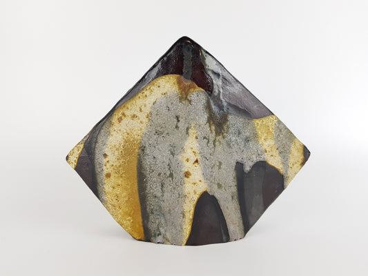 Vintage SCHAFFENACKER Studio Art Pottery Brown Beige Grey Triangular Vase V531 West German Pottery Fat Lava Era 1960s