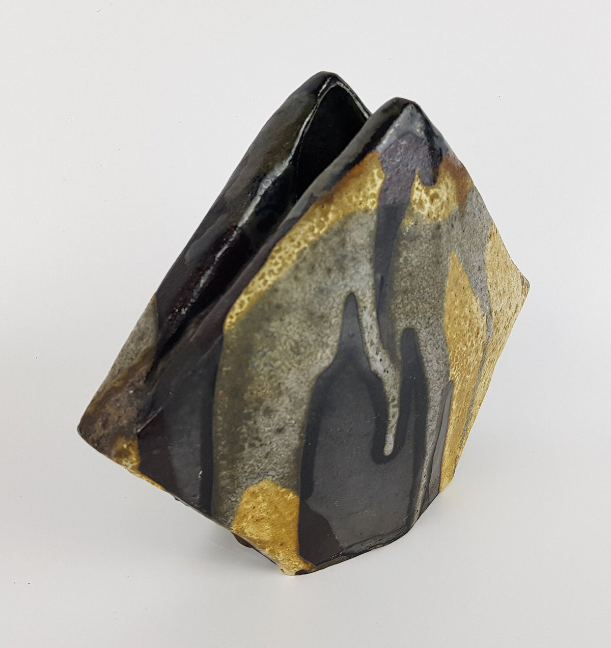 Vintage SCHAFFENACKER Studio Art Pottery Brown Beige Grey Triangular Vase V531 West German Pottery Fat Lava Era 1960s