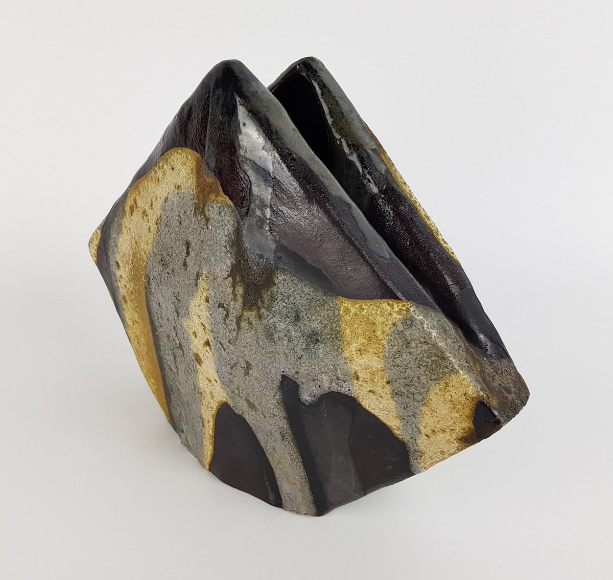 Vintage SCHAFFENACKER Studio Art Pottery Brown Beige Grey Triangular Vase V531 West German Pottery Fat Lava Era 1960s