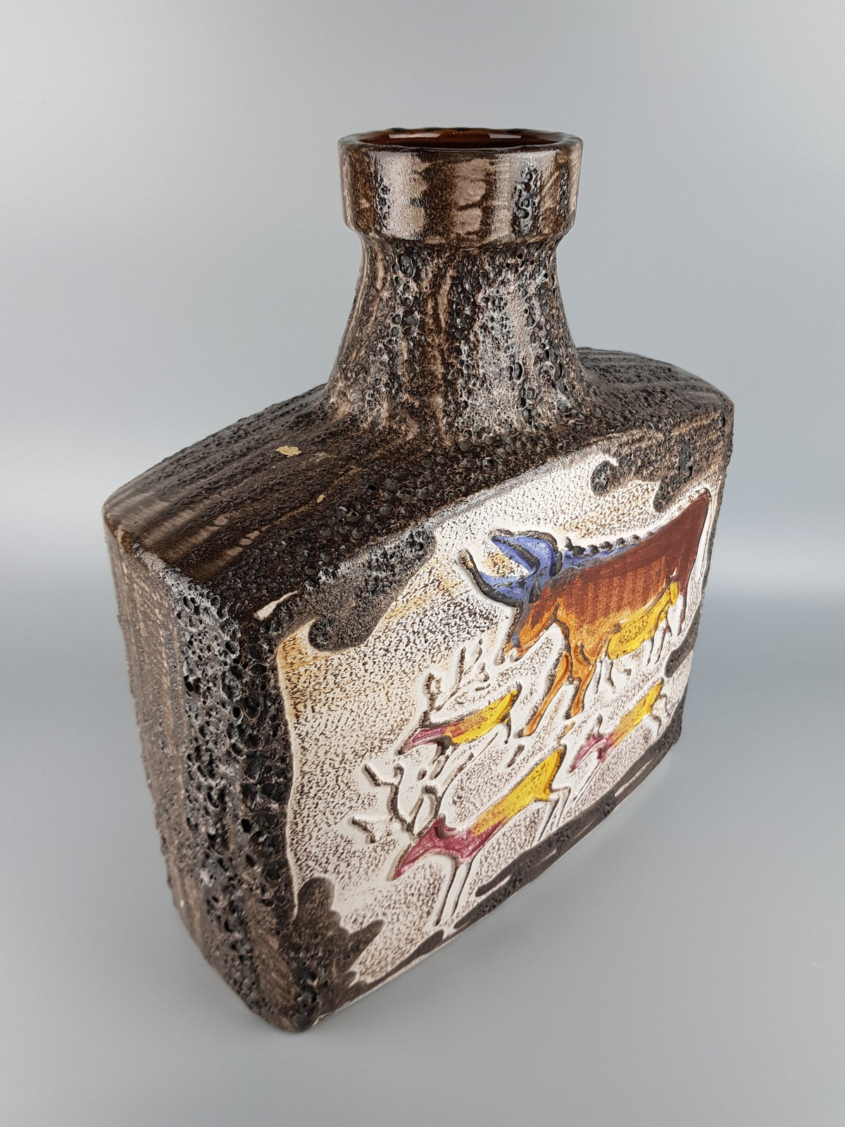 XXL SCHEURICH KERAMIK Rectangular Fat Lava Floor Vase 281-39 with Montignac decor 1972s with some chips