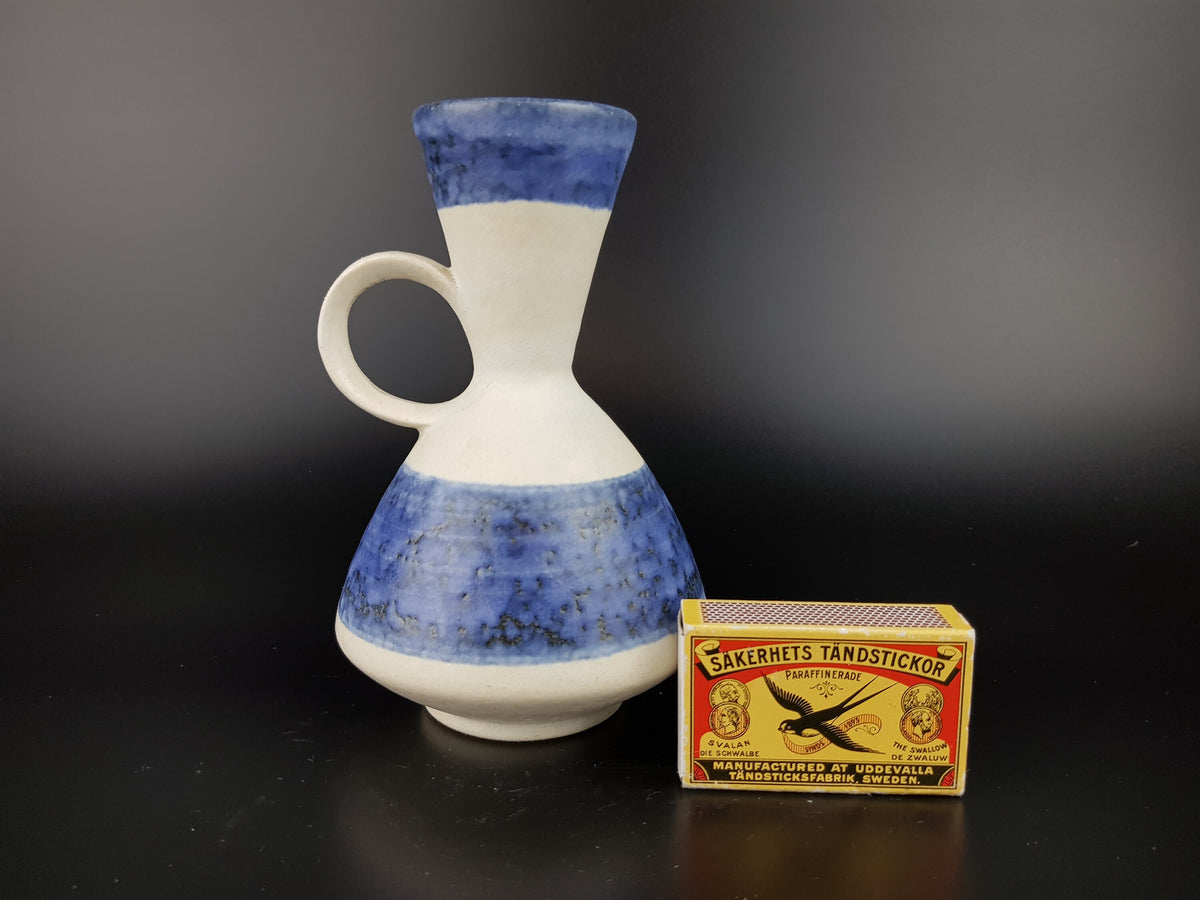 Small Vintage UBELACKER (Ü-KERAMIK) White and Blue Fat Lava Era Vase 483/14 West German Pottery 1960s