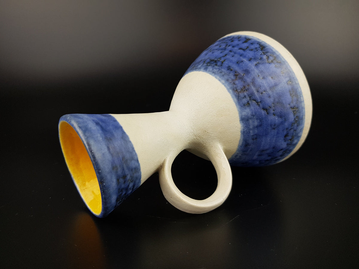 Small Vintage UBELACKER (Ü-KERAMIK) White and Blue Fat Lava Era Vase 483/14 West German Pottery 1960s