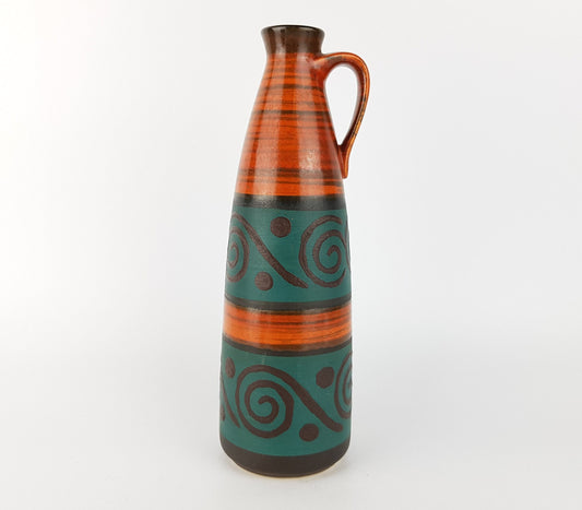 Vintage DÜMLER & BREIDEN Handled Brown Teal Vase with Swirls Decor 375-24 West German Pottery 1970s