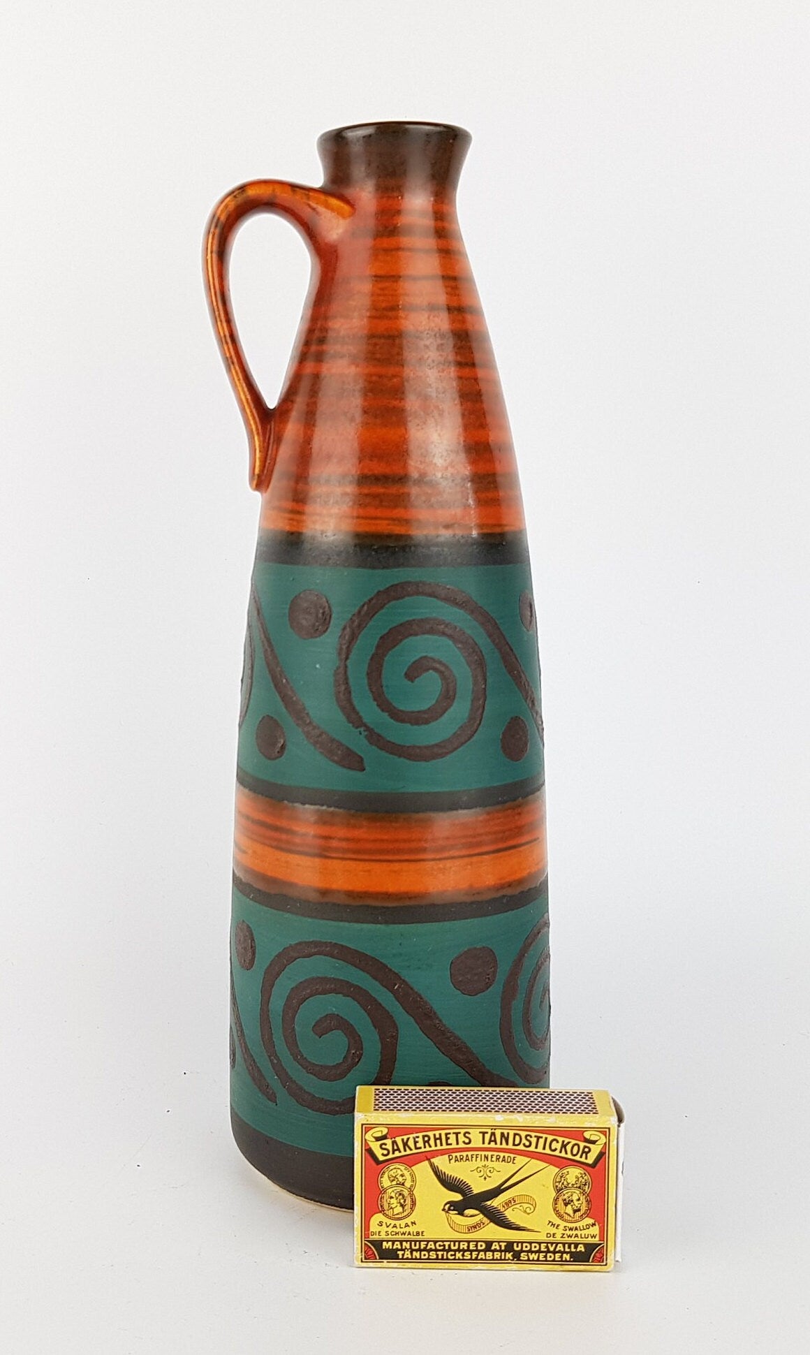 Vintage DÜMLER & BREIDEN Handled Brown Teal Vase with Swirls Decor 375-24 West German Pottery 1970s