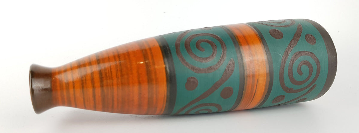 Vintage DÜMLER & BREIDEN Handled Brown Teal Vase with Swirls Decor 375-24 West German Pottery 1970s