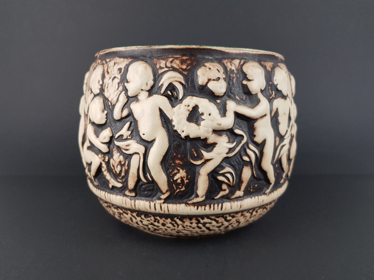 Vintage JASBA KERAMIK Beige and Brown Planter With Kids Decor 708-15 West German Pottery 1970s