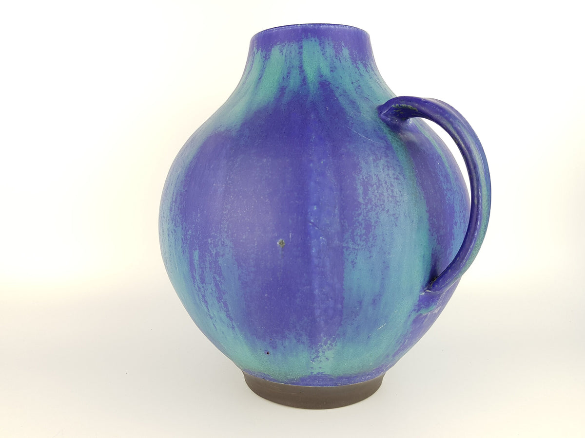 Vintage JUIST INSEL TOPFEREI Blue Green Turquoise Handled Jug Vase by Schmidt-Tummeley Studio Art Pottery 1970s