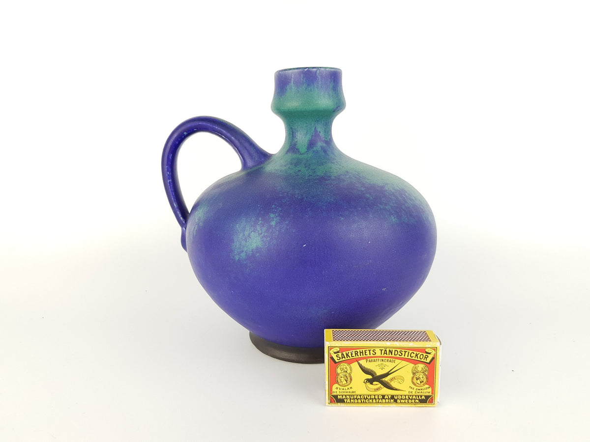Vintage JUIST INSEL TOPFEREI Blue Greenish Turquoise Handled Vase by Schmidt-Tummeley Studio Art Pottery 1970s