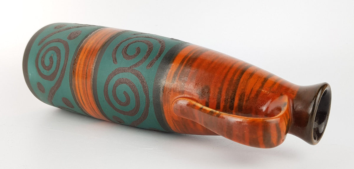 Vintage DÜMLER & BREIDEN Handled Brown Teal Vase with Swirls Decor 375-24 West German Pottery 1970s