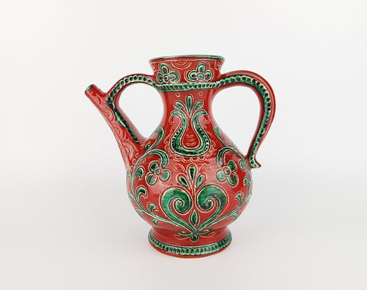 Vintage GMUNDNER KERAMIK Red and Green Handled Jug Vase 308/12 – Austrian Pottery – 1970s