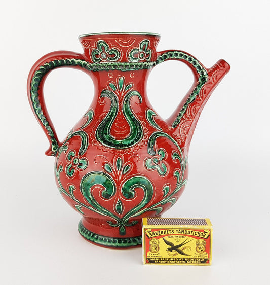 Vintage GMUNDNER KERAMIK Red and Green Handled Jug Vase 308/12 – Austrian Pottery – 1970s