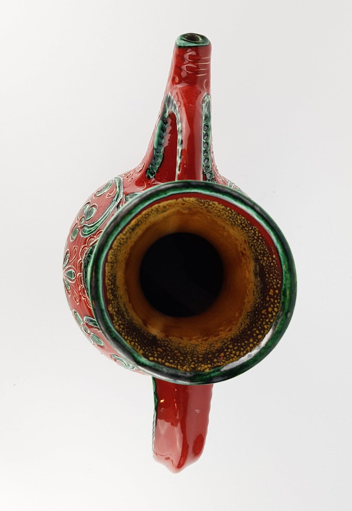 Vintage GMUNDNER KERAMIK Red and Green Handled Jug Vase 308/12 – Austrian Pottery – 1970s