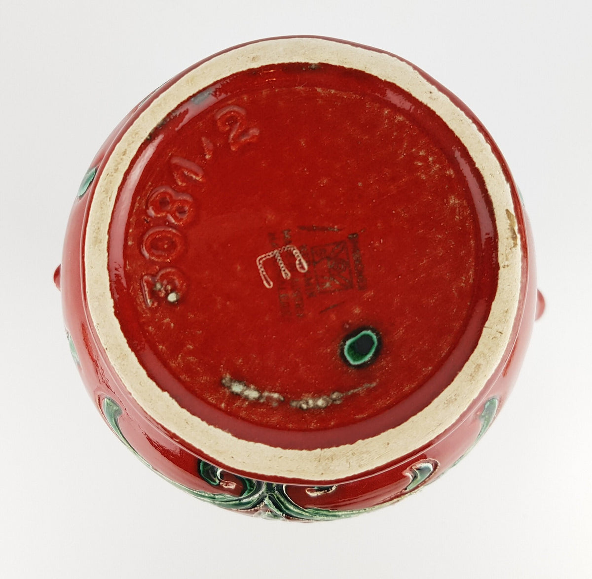 Vintage GMUNDNER KERAMIK Red and Green Handled Jug Vase 308/12 – Austrian Pottery – 1970s