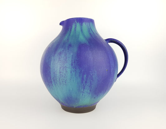 Vintage JUIST INSEL TOPFEREI Blue Green Turquoise Handled Jug Vase by Schmidt-Tummeley Studio Art Pottery 1970s