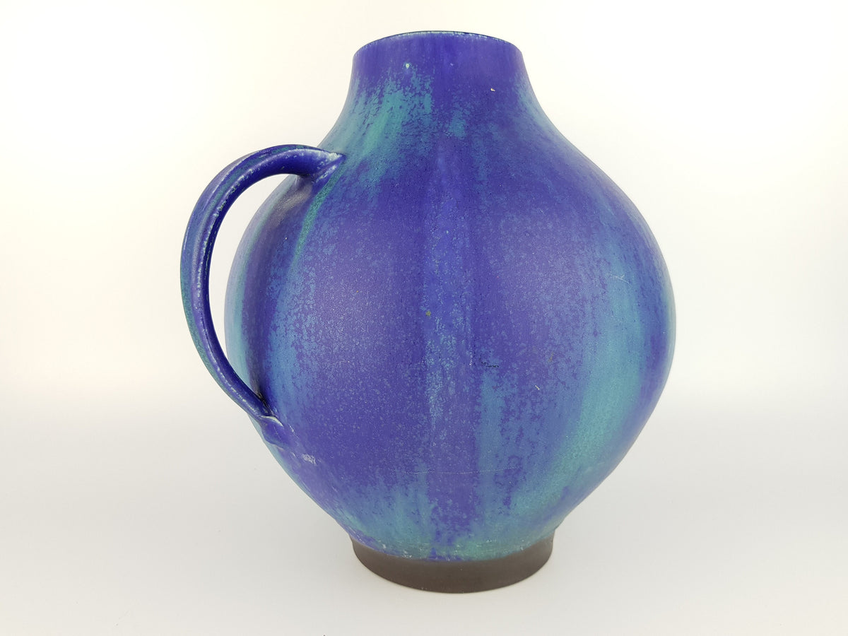 Vintage JUIST INSEL TOPFEREI Blue Green Turquoise Handled Jug Vase by Schmidt-Tummeley Studio Art Pottery 1970s