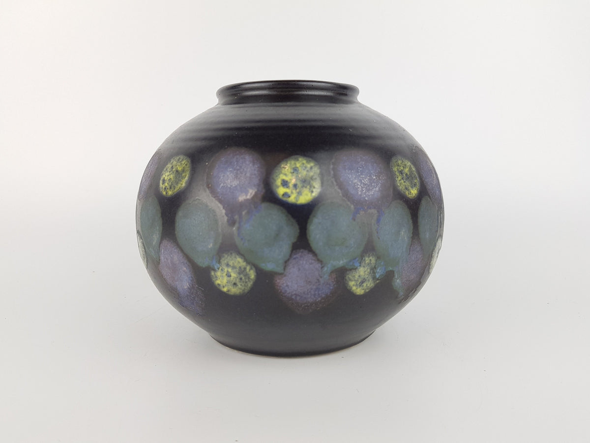 Vintage UBELACKER (Ü) KERAMIK Matt Black Vase With Yellow and Purple Blue Dots 251-13 West German Pottery Fat Lava Era 1960-70