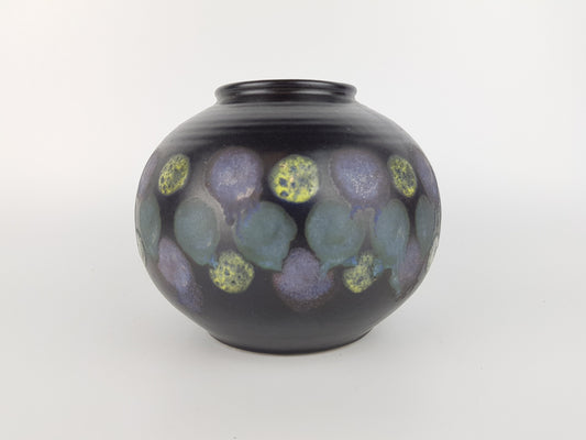 Vintage UBELACKER (Ü) KERAMIK Matt Black Vase With Yellow and Purple Blue Dots 251-13 West German Pottery Fat Lava Era 1960-70