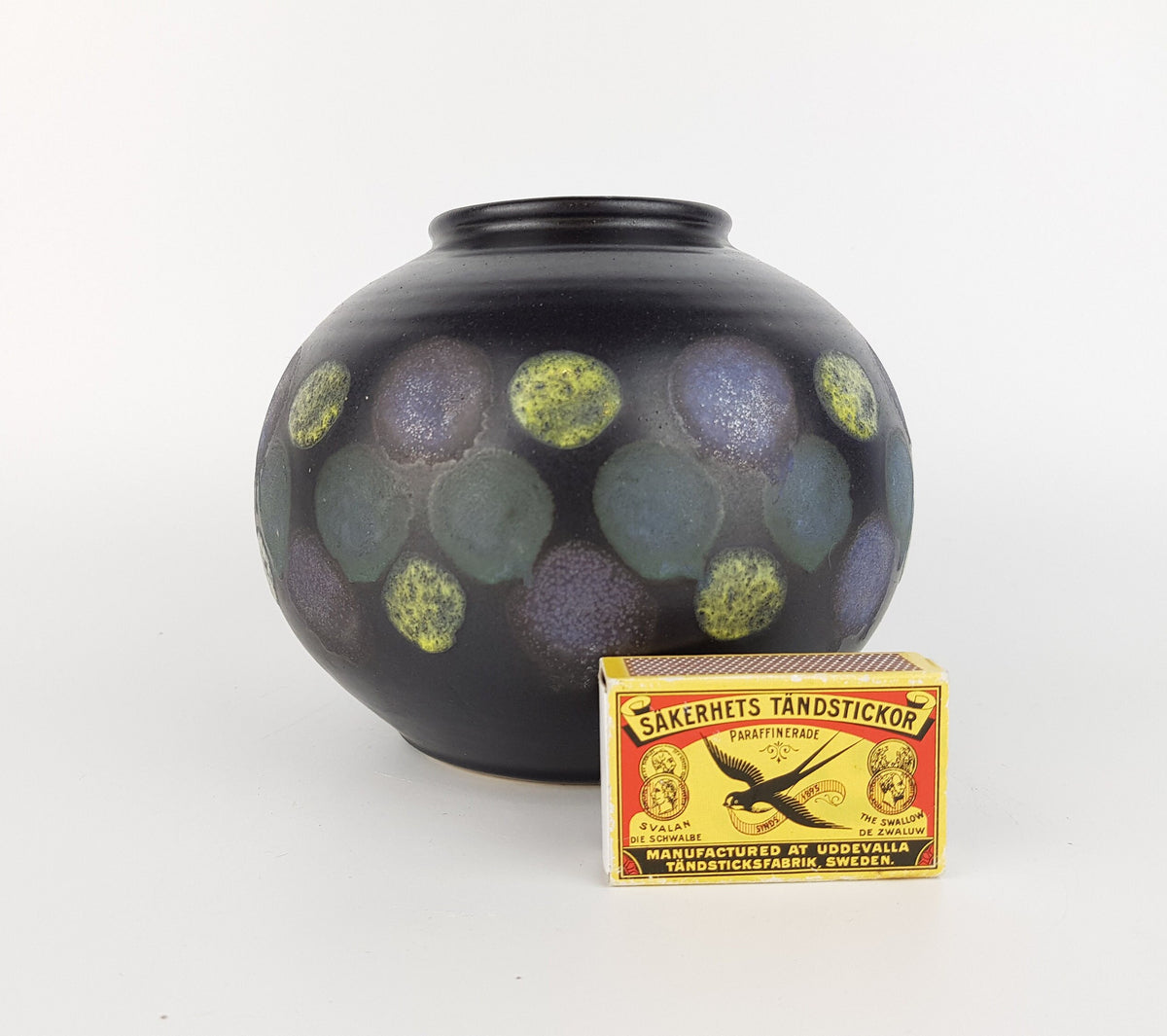 Vintage UBELACKER (Ü) KERAMIK Matt Black Vase With Yellow and Purple Blue Dots 251-13 West German Pottery Fat Lava Era 1960-70