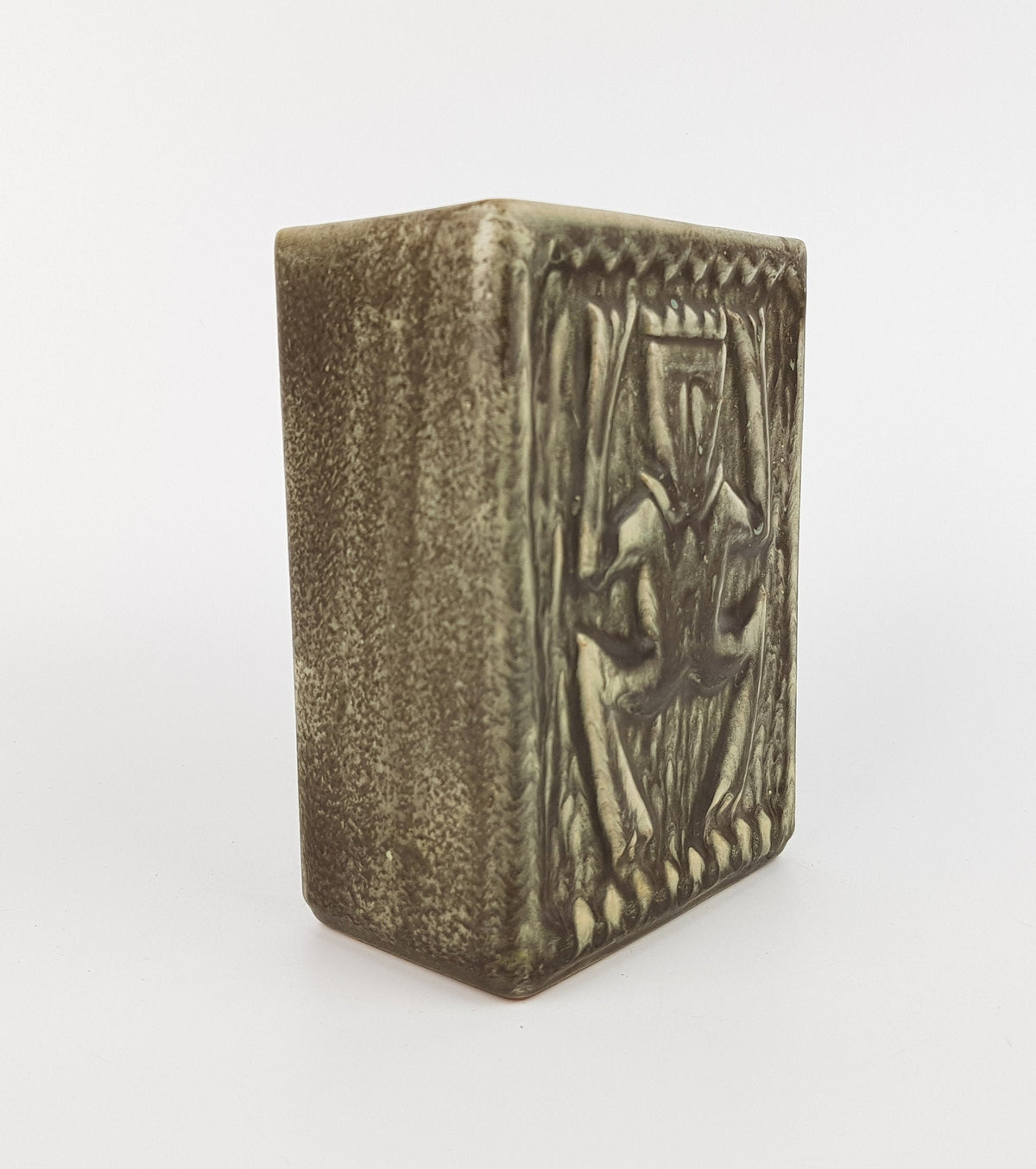 Vintage JOHGUS Brown Rectangular Vase With Troll Decor Bornholm Denmark 1970s