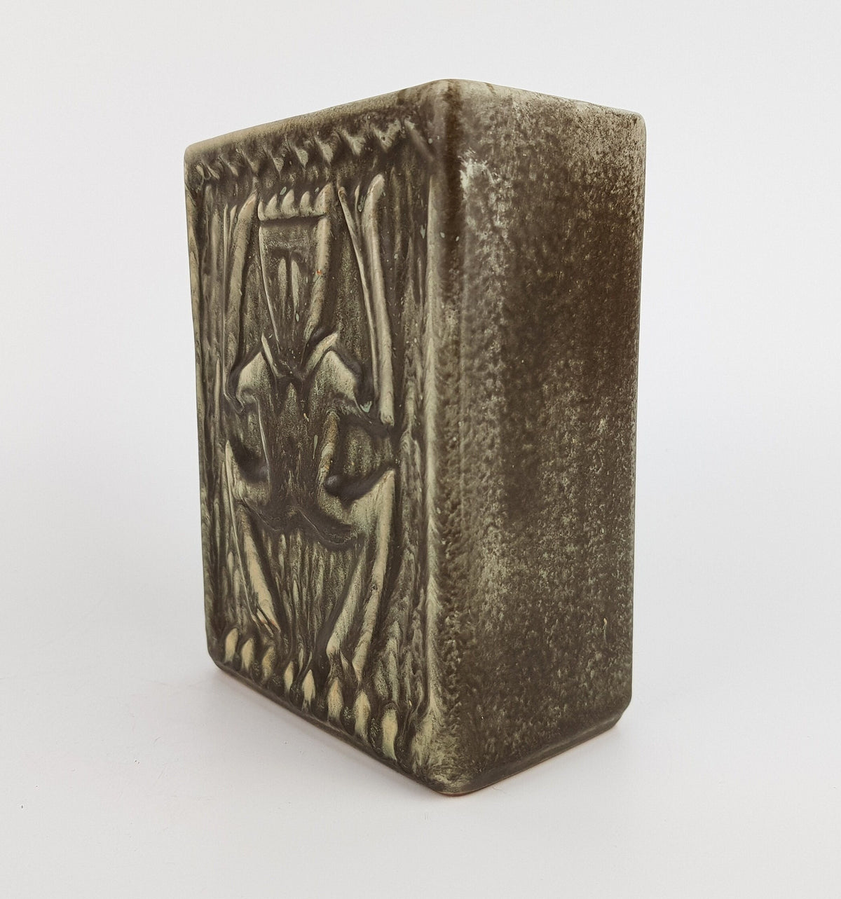 Vintage JOHGUS Brown Rectangular Vase With Troll Decor Bornholm Denmark 1970s