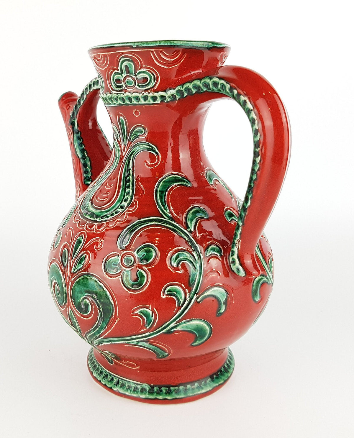 Vintage GMUNDNER KERAMIK Red and Green Handled Jug Vase 308/12 – Austrian Pottery – 1970s