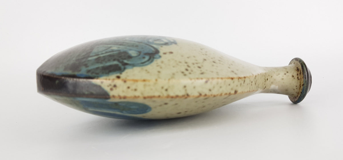 Vintage WILHELM und ELLIE KUCH Beige Black and Blue Studio Art Pottery Vase Germany 1970s 