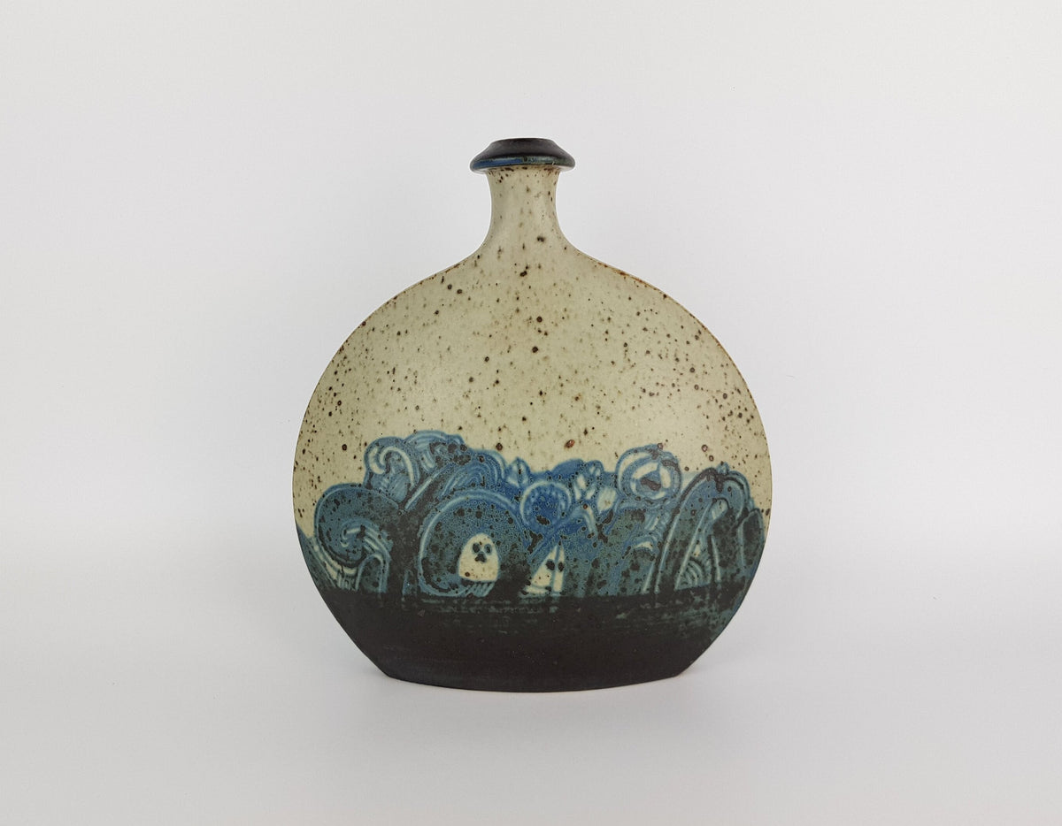 Vintage WILHELM und ELLIE KUCH Beige Black and Blue Studio Art Pottery Vase Germany 1970s 