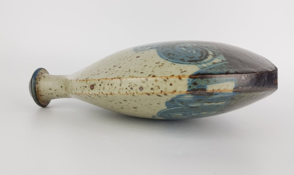 Vintage WILHELM und ELLIE KUCH Beige Black and Blue Studio Art Pottery Vase Germany 1970s 