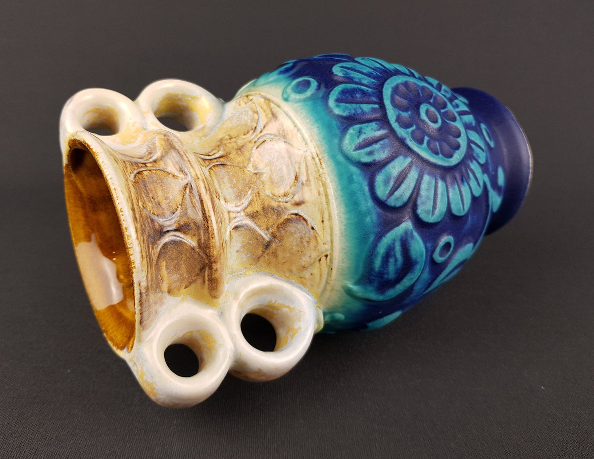 Vintage BAY KERAMIK Matte Blue Vase 86 20 with Floral decor by Bodo Mans West German Pottery Fat Lava Era