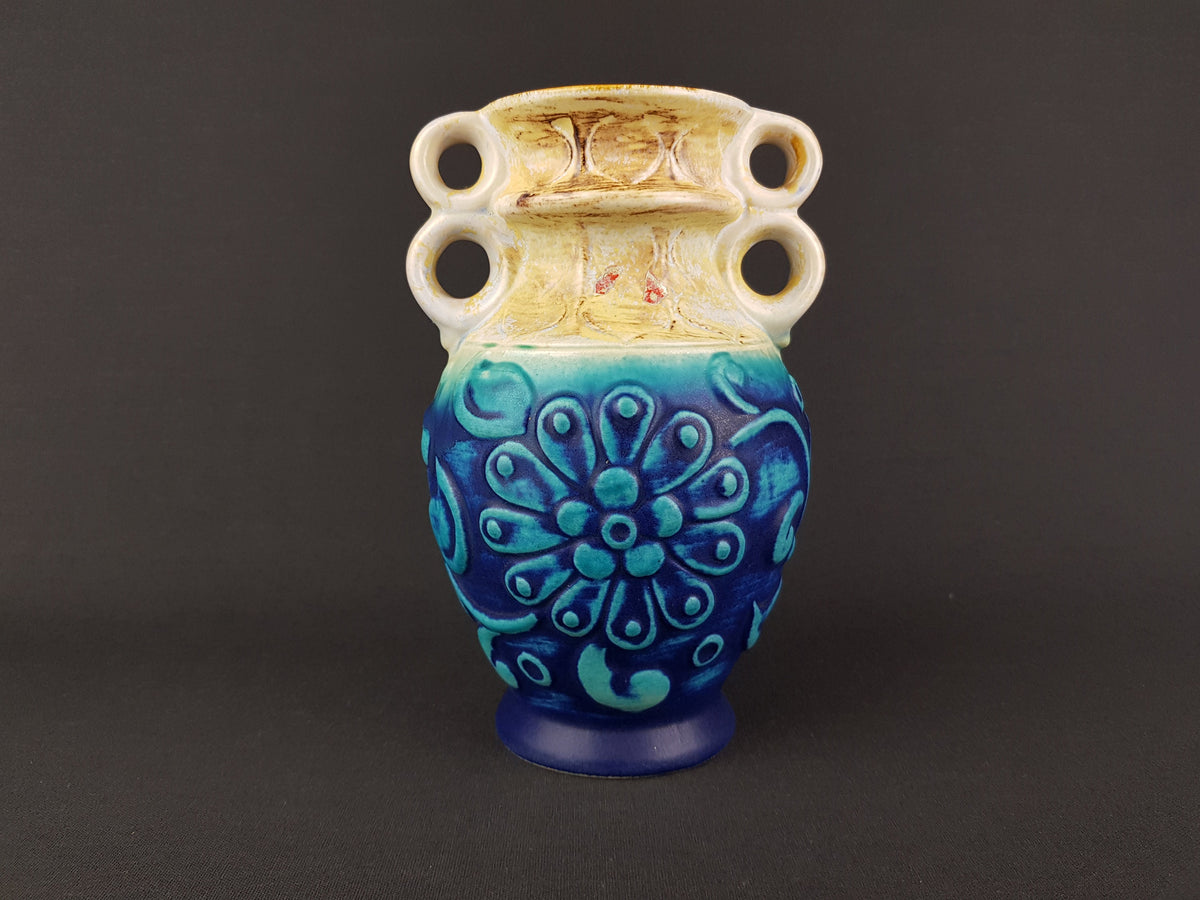 Vintage BAY KERAMIK Matte Blue Vase 86 20 with Floral decor by Bodo Mans West German Pottery Fat Lava Era
